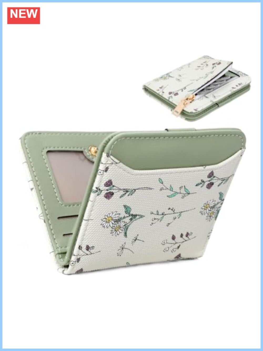 Small RFID Faux Leather Bifold Wallet Floral Zipper Coin Pocket Card Holder